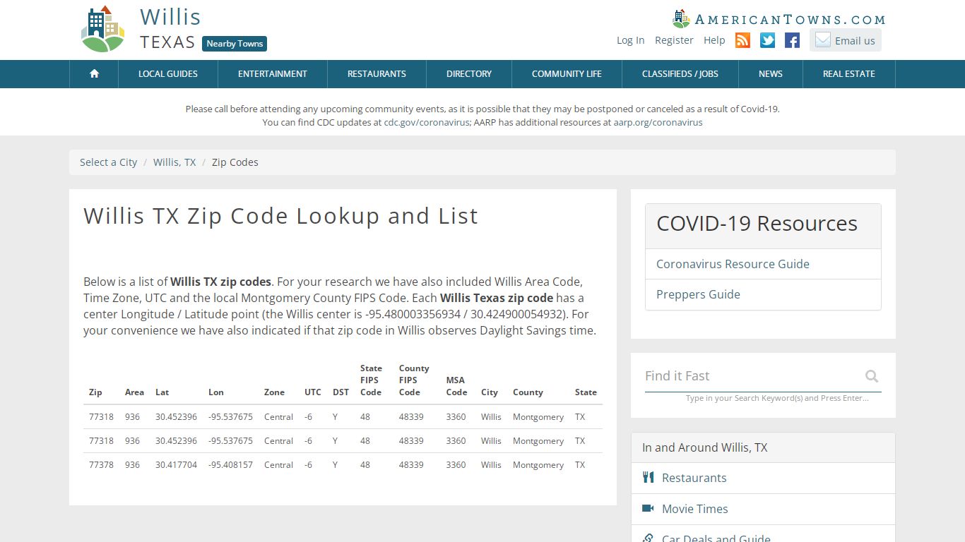 Willis Texas Zip Codes - Zip Code Lookup - americantowns.com